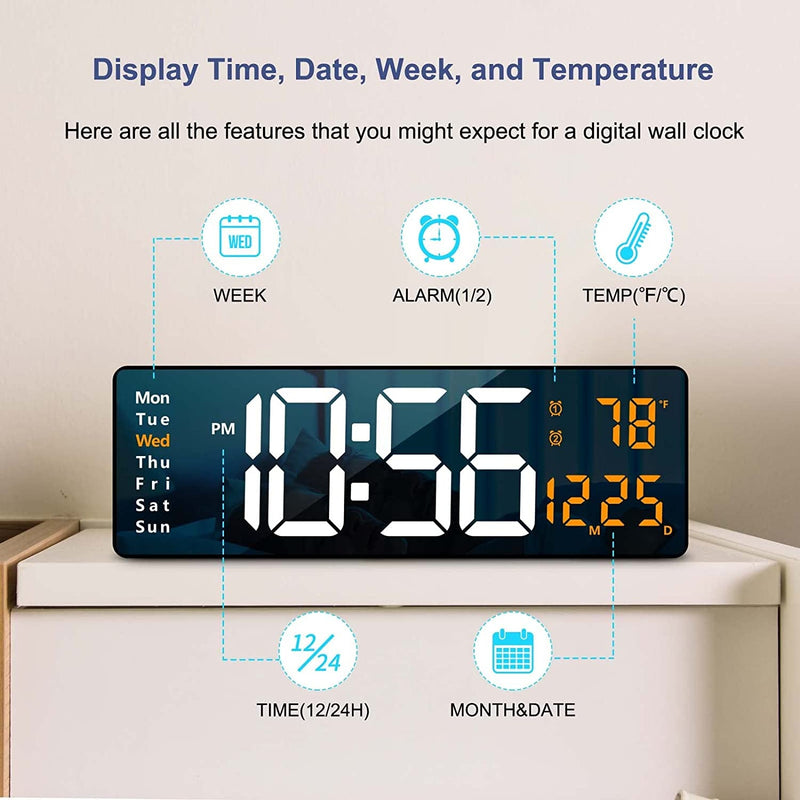 Digital Wall Clock Large Display, 16.2 Inch , LED Digital Clock with Remote Control for Living Room Decor, Automatic Brightness Dimmer with Date Week Temperature (Orange)