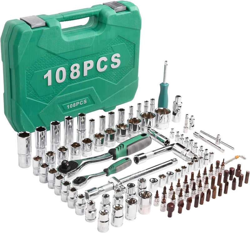 108Pcs 1/2" 1/4" Socket and Drive Tool Set Mechanics Tools Kit Sockets Ratchet Wrench Set Metric Drive Socket Set, 1/2" 1/4" Drive Sizes with Plastic Toolbox