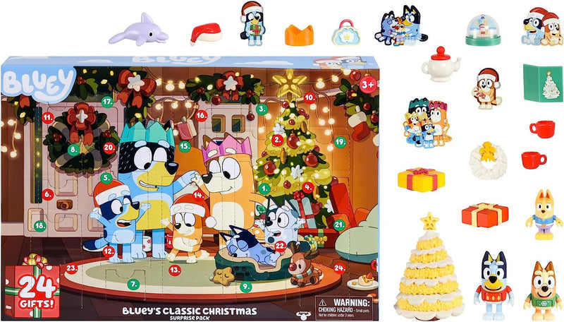 Bluey'S Christmas Swim Advent Calendar, This Very Festive Bluey Surprise Pack Has 24 Surprises behind 24 Different Windows, Includes 3 Christmas Swim Figures, 18 Accessories and 3 Stickers to Reveal