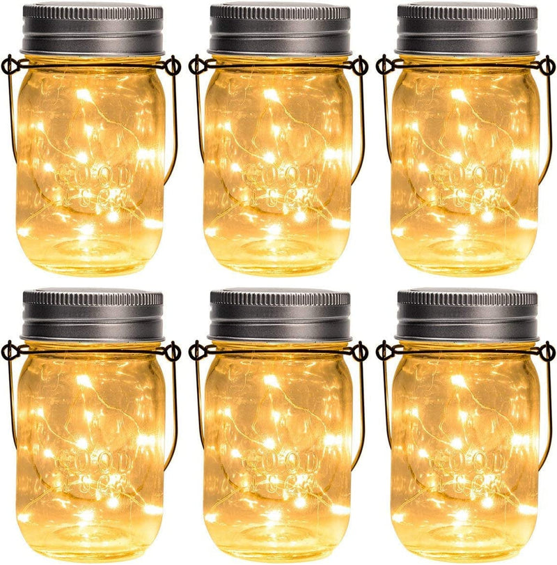 GIGALUMI Hanging Solar Mason Jar Lights, 6 Pack 30 Led String Fairy Lights Hanging Solar Lanterns Outdoor Waterproof, Hangers and Jars Included, Outdoor Decor for Christmas, Wedding, Garden, Patio