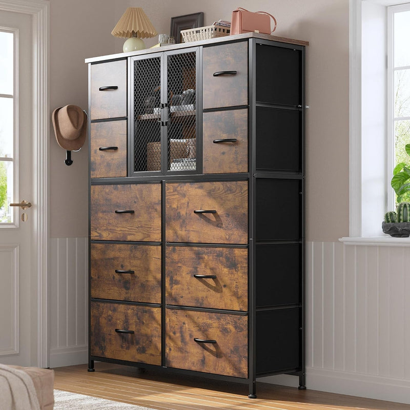 Enhomee Dresser for Bedroom with Mesh Door Tall Dressers & Chests of Drawers with 10 Fabric Drawer Morden Dresser Organizer,Metal Frame,Wood Top,For Closet,Entryway,Rustic Brown 38" Wx11.81 Dx48.1 H