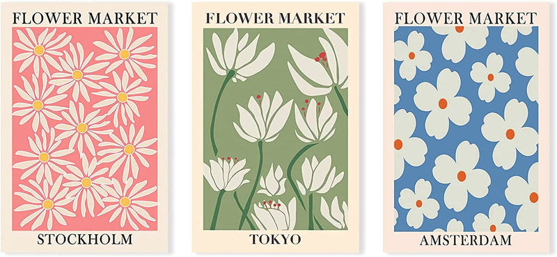 Bfgsrtcbox Flower Market Canvas Art Pink Blue Green Print Set Abstract Wall Tokyo Poster for Home Decor 16X24Inchx3Pcs No Frame Home & Garden > Decor > Artwork > Posters, Prints, & Visual Artwork Bfgsrtcbox   