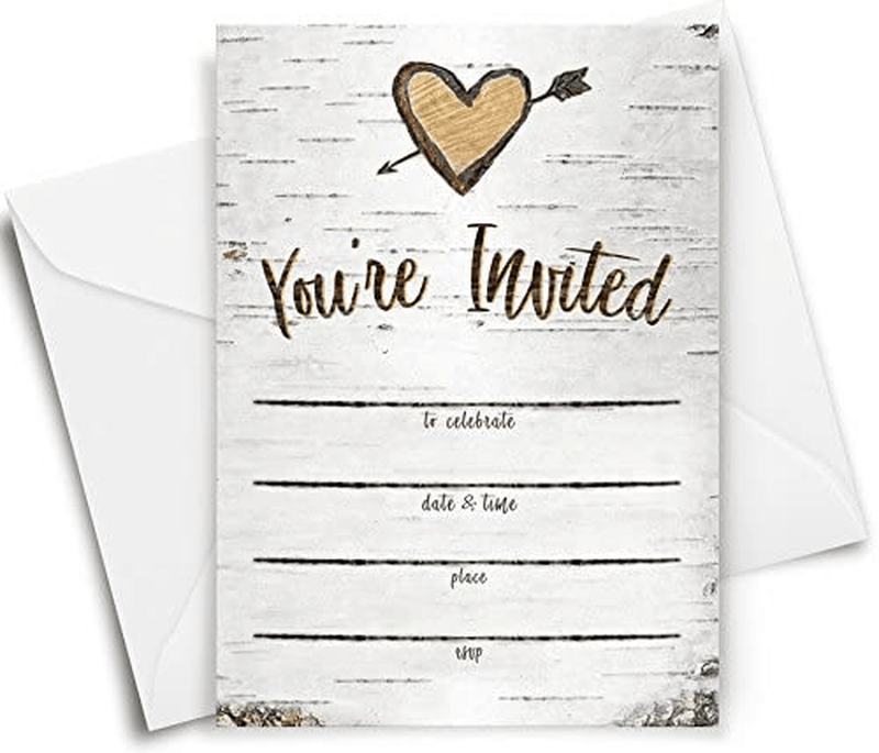 Birch Tree Bark Fill-in Party Invitations and Envelopes, Set of 25 Rustic Country Invites, All Occasions, Bridal Shower, Baby Shower, Rehearsal Dinner, Birthday Party, Anniversary