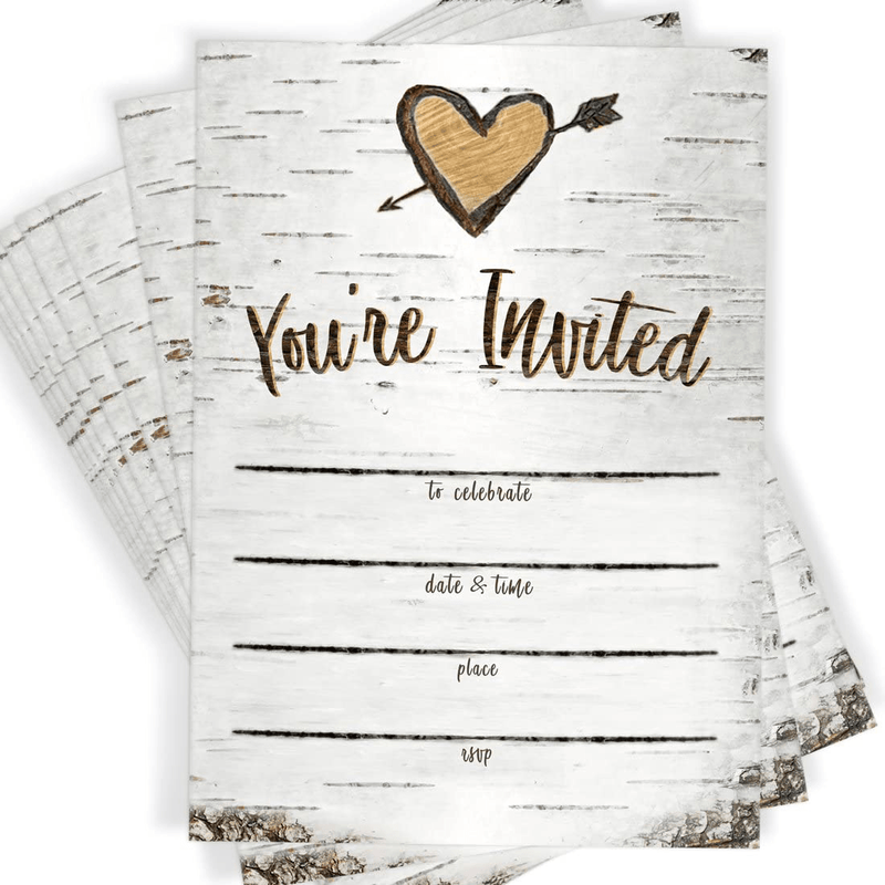 Birch Tree Bark Fill-in Party Invitations and Envelopes, Set of 25 Rustic Country Invites, All Occasions, Bridal Shower, Baby Shower, Rehearsal Dinner, Birthday Party, Anniversary
