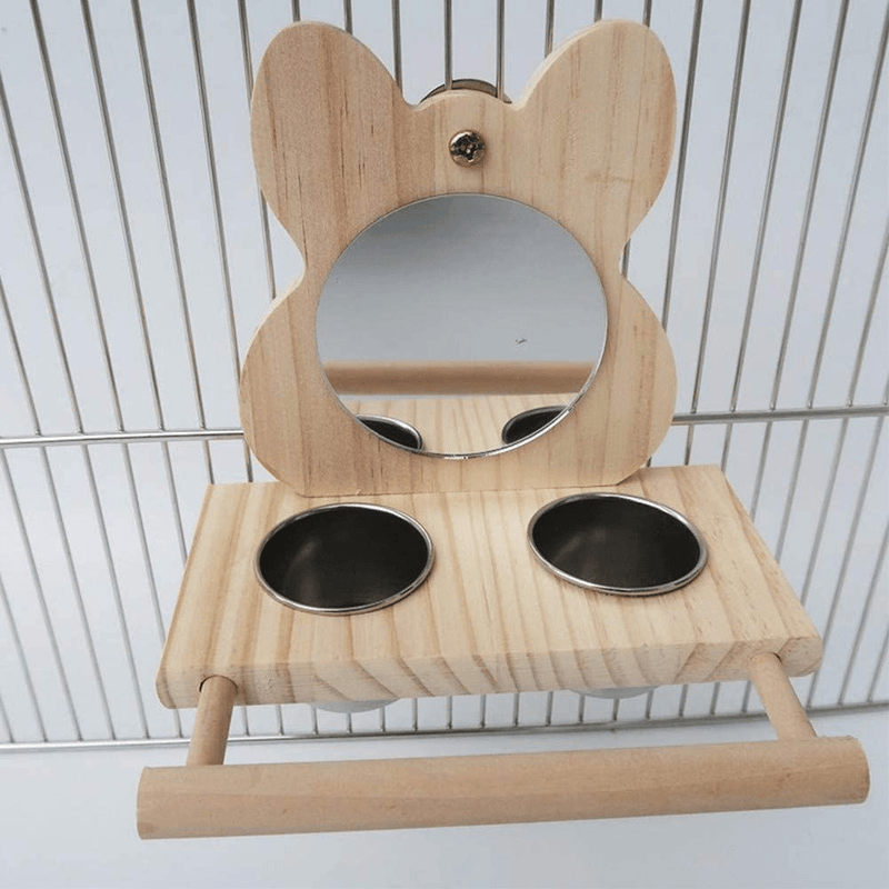 Bird Food Cups with Perch,Parrot Mirror Toys for Bird Cage,Hanging Wooden Bird Stands with 2 Stainless Steel Food Bowls,Bird Feeding and Watering Supplies for Parakeets Conures Cockatiels