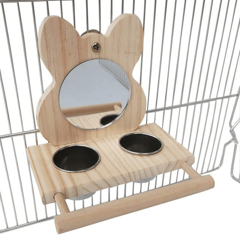Bird Food Cups with Perch,Parrot Mirror Toys for Bird Cage,Hanging Wooden Bird Stands with 2 Stainless Steel Food Bowls,Bird Feeding and Watering Supplies for Parakeets Conures Cockatiels