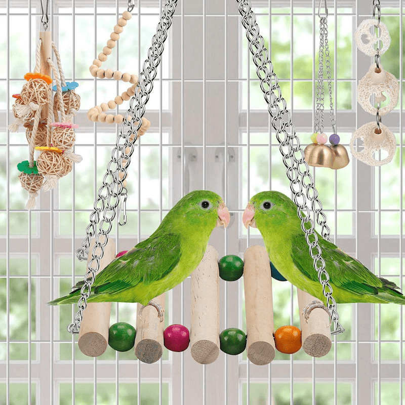 Bird Toy Parakeet Toy Perch Bird Cage Hammock Coconut Hideaway with Ladder Hanging Bell Swing Chewing Toy Hanging Toy for Parakeet,Conure,Cockatiel,Love Birds,Parrots (8 Pcs(with Mirror and Perch)) Animals & Pet Supplies > Pet Supplies > Bird Supplies > Bird Toys iSbaby   