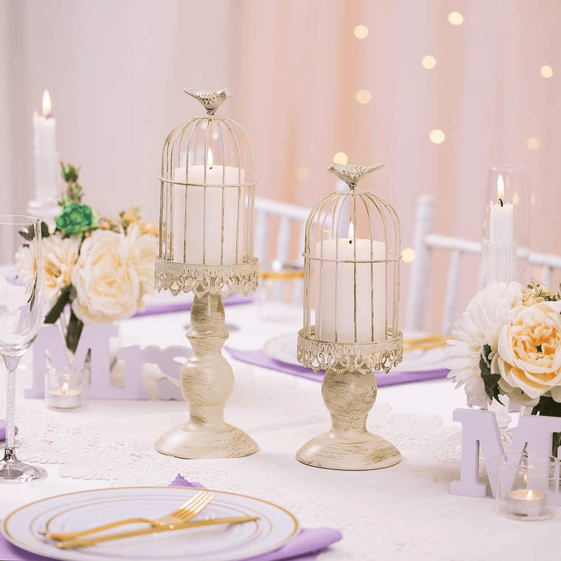 Birdcage Candle Holder Vintage Candlestick Holders, Wedding Candle Centerpieces for Tables, Iron Candleholder Set Home Decor, Distressed Ivory Home & Garden > Decor > Home Fragrance Accessories > Candle Holders Sziqiqi   