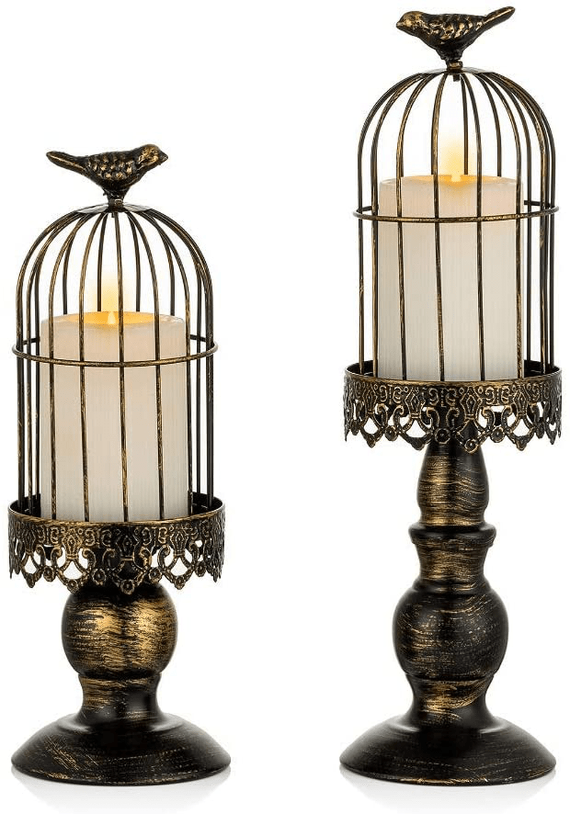 Birdcage Candle Holder Vintage Candlestick Holders, Wedding Candle Centerpieces for Tables, Iron Candleholder Set Home Decor, Distressed Ivory