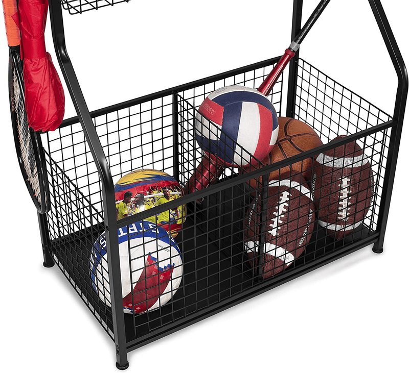 BIRDROCK HOME Sports Equipment Storage Rack - Steel Ball Storage Rack - Garage Ball Storage - Sports Gear Storage - Garage Organizer with Baskets and Hooks