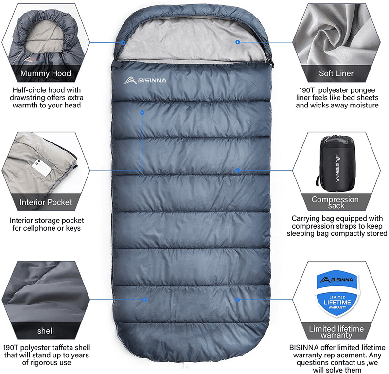BISINNA XXL Sleeping Bag(90.55"X39.37") for Big and Tall Adults,3-4 Seasons plus Size Warm and Comfortable Waterproof Lightweight Sleeping Bag Great for Camping Backpacking Hiking Indoor & Outdoor Sporting Goods > Outdoor Recreation > Camping & Hiking > Sleeping Bags BISINNA   