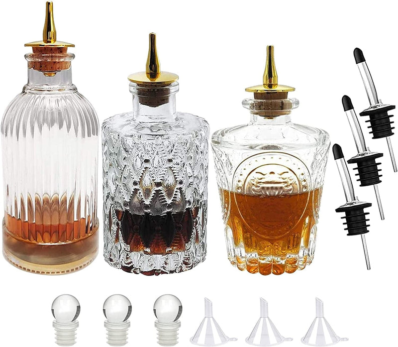 Bitters Bottle Set - Glass Vintage Bottle, Decorative Bottles with Dash Top, Dasher Bottles for Making Cocktail Great for Bartender Home Bar (3 Pack) Home & Garden > Kitchen & Dining > Barware LINALL 3 pack with stainless steel pourer  