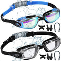 BKMPOB Swim Goggles Men, 2 Pack Swimming Goggles for Women Adult Youth Kids Anti-Fog No Leaking UV Protection Sporting Goods > Outdoor Recreation > Boating & Water Sports > Swimming > Swim Goggles & Masks BKMPOB E.mix Black Blue & Black(mirror & Clear Lens)  