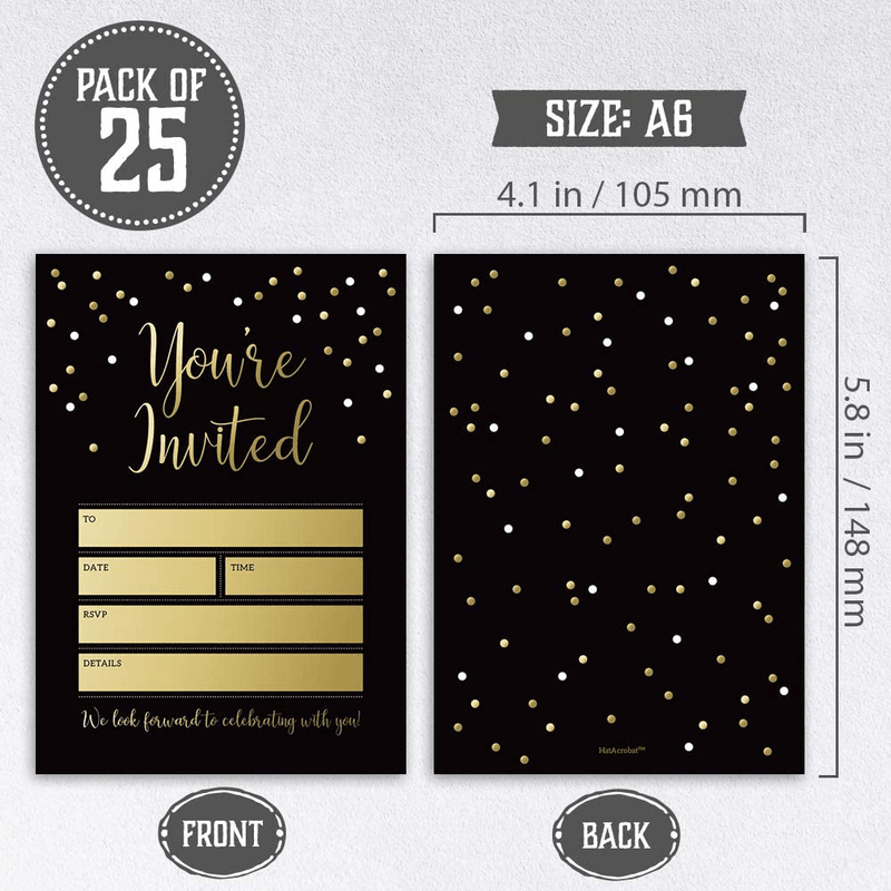 Black and Gold Party Invitations with Envelopes by Hat Acrobat | Perfect for Anniversary, Birthday, Rehearsal Dinner, Bachelorette Party, Graduation, 25 Pack