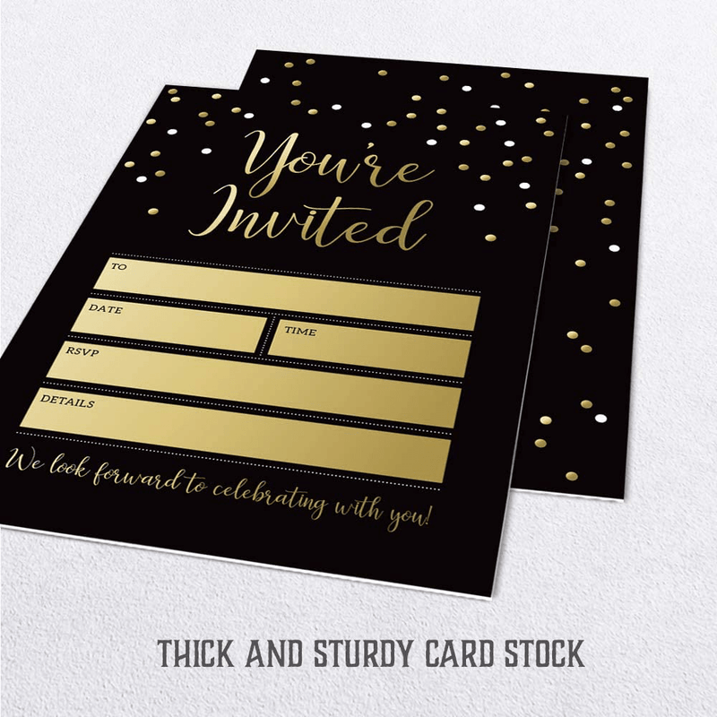 Black and Gold Party Invitations with Envelopes by Hat Acrobat | Perfect for Anniversary, Birthday, Rehearsal Dinner, Bachelorette Party, Graduation, 25 Pack
