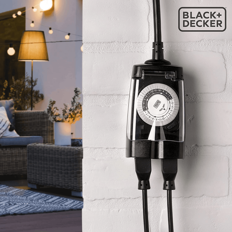 Black + Decker Outdoor Timer, 2 Pack, with 2 Grounded Outlets - Waterproof Outlet Timer with 30-Minute Intervals for Lights, Holiday Decorations - Analog Light Timers with Outlet On/Timer On Switch