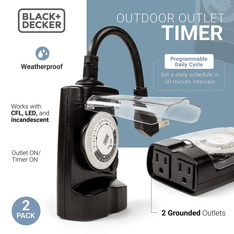 Black + Decker Outdoor Timer, 2 Pack, with 2 Grounded Outlets - Waterproof Outlet Timer with 30-Minute Intervals for Lights, Holiday Decorations - Analog Light Timers with Outlet On/Timer On Switch Home & Garden > Lighting Accessories > Lighting Timers BLACK+DECKER   