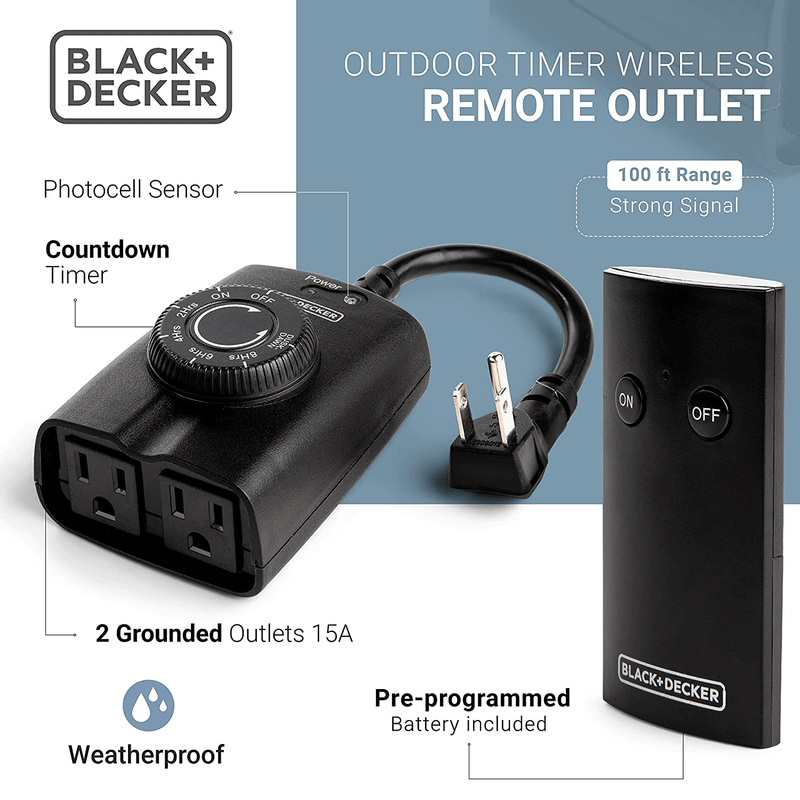 Black + Decker Wireless Outdoor Timer Outlet with Remote, 2 Grounded Outlets, Photocell Sensor Home & Garden > Lighting Accessories > Lighting Timers Black+Decker   
