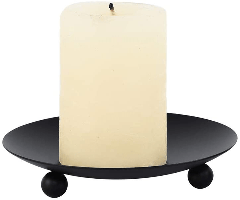 Black Iron Plate Candle Holder, Decorative Iron Pillar Candle Plate, Set of 2, 4.37 inches D x 0.78 inches H, Pedestal Candle Stand for LED & Wax Candles, Incense Cones, Spa, Weddings (2 pcs)