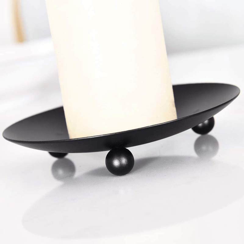 Black Iron Plate Candle Holder, Decorative Iron Pillar Candle Plate, Set of 2, 4.37 inches D x 0.78 inches H, Pedestal Candle Stand for LED & Wax Candles, Incense Cones, Spa, Weddings (2 pcs)