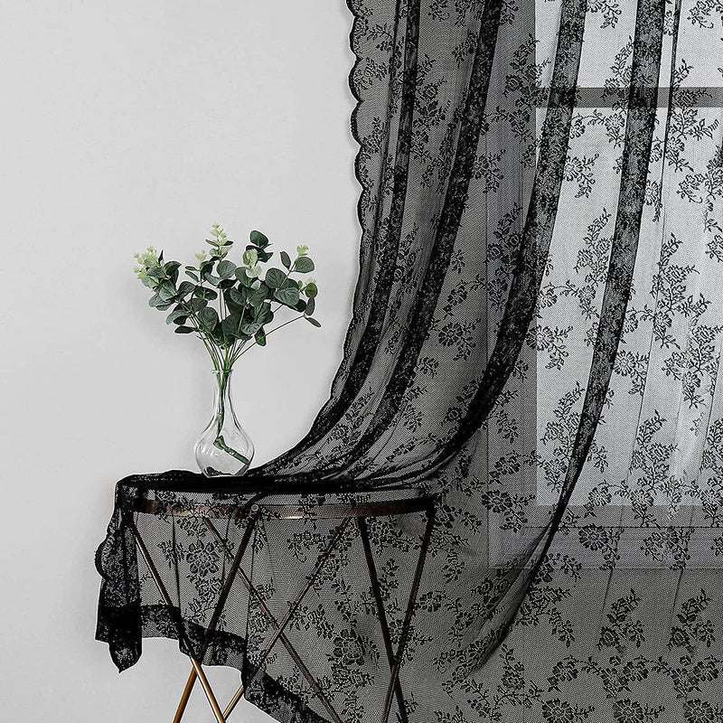 Black Lace Curtains for Bedroom 55 X 84-Inch Long Vintage French Floral Embroidered Sheer Voile Window Treatment Sets Durable Rose Lace Fabric Rod Pocket Curtain Drapes for Garden Balcony, 2 Panels Home & Garden > Decor > Window Treatments > Curtains & Drapes Urban Lotus Black 55"x108" 