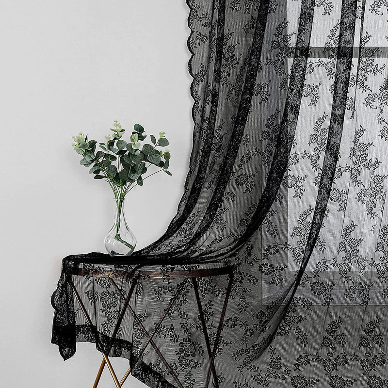 Black Lace Curtains for Bedroom 55 X 84-Inch Long Vintage French Floral Embroidered Sheer Voile Window Treatment Sets Durable Rose Lace Fabric Rod Pocket Curtain Drapes for Garden Balcony, 2 Panels Home & Garden > Decor > Window Treatments > Curtains & Drapes Urban Lotus Black 55"x84" 