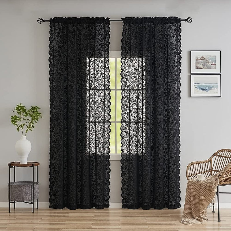 Black Lace Halloween Curtains for Living Room Luxury Gothic Sheer Curtains 84 Inches Long Boho Doorway Curtains Witchy/Goth Room Decor 52 X 84 Inch Black