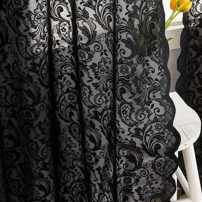 Black Lace Halloween Curtains for Living Room Luxury Gothic Sheer Curtains 84 Inches Long Boho Doorway Curtains Witchy/Goth Room Decor 52 X 84 Inch Black Home & Garden > Decor > Window Treatments > Curtains & Drapes Aligogo   