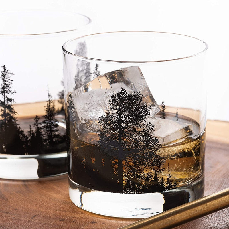 Black Lantern Whiskey Glasses – Cocktail Glasses and Glassware Sets, Old Fashioned Rocks Glass for Bourbon, Scotch, Whiskey, Forest Landscape Design, Set of 2 Glasses