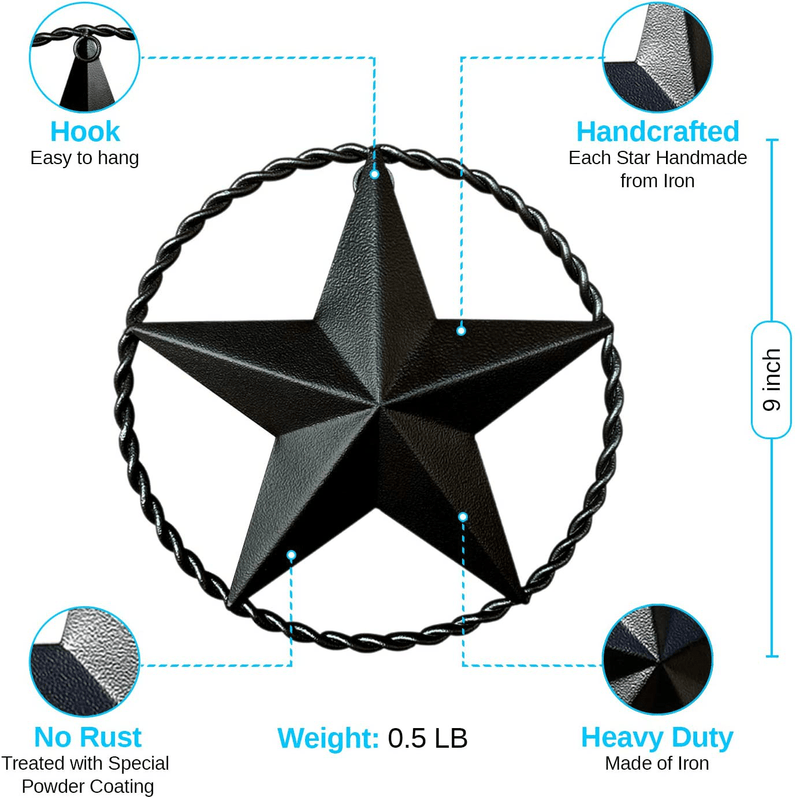 Black Metal Wall Star – Barn Star, Metal Stars for Outside or Inside, Texas Star, Art Rustic Vintage Western Country Farmhouse Iron Wall Décor for House (9" Twisted Rope) Home & Garden > Decor > Artwork > Sculptures & Statues EcoRise   