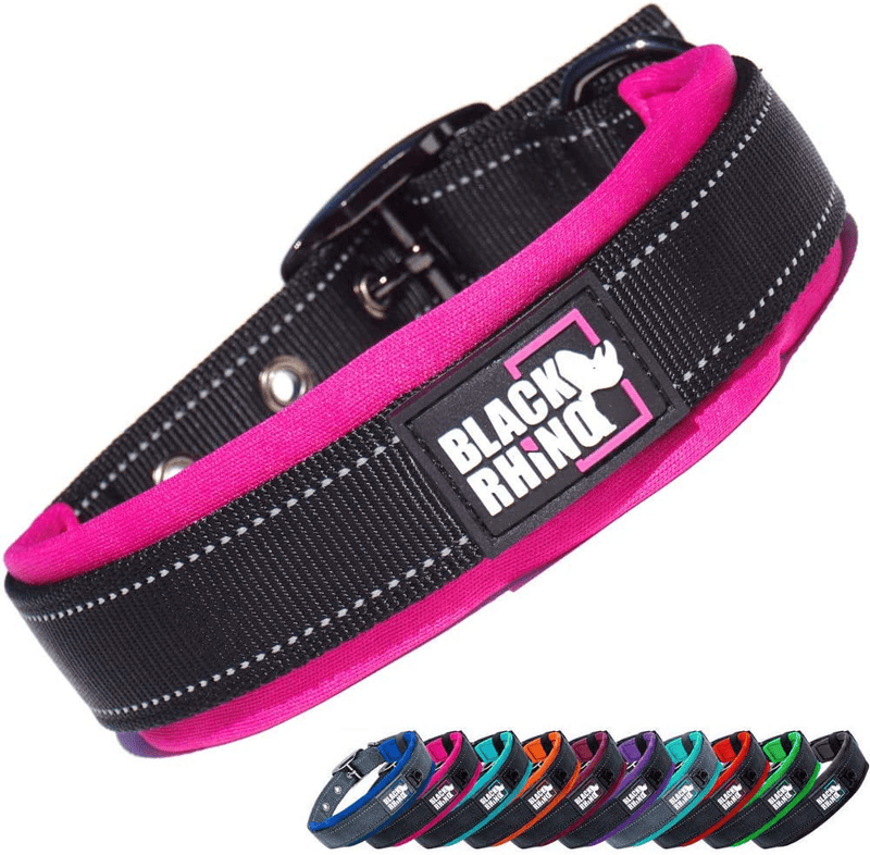 Black Rhino - The Comfort Collar Ultra Soft Neoprene Padded Dog Collar for All Breeds - Heavy Duty Adjustable Reflective Weatherproof (Large, Black) Animals & Pet Supplies > Pet Supplies > Dog Supplies Black Rhino Pink/Black Small (Pack of 1) 