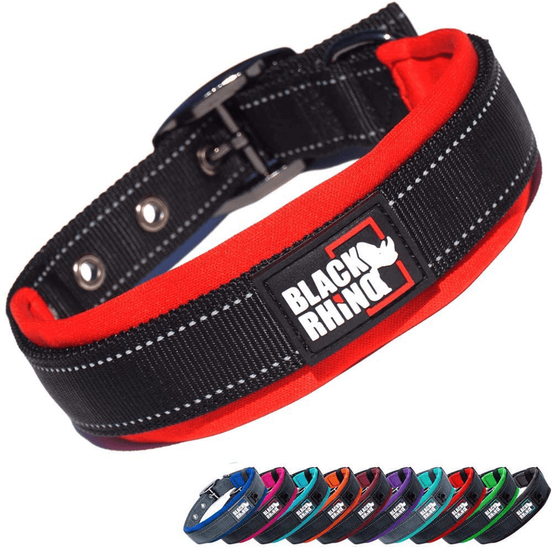 Black Rhino - The Comfort Collar Ultra Soft Neoprene Padded Dog Collar for All Breeds - Heavy Duty Adjustable Reflective Weatherproof (Large, Black) Animals & Pet Supplies > Pet Supplies > Dog Supplies Black Rhino Red/Black Small (Pack of 1) 