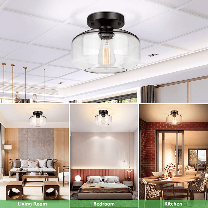 Black Semi Flush Mount Ceiling Light with Clear Glass Shade, Farmhouse Close to Ceiling Lights, Industrial Flush Mount Light Fixture for Bedroom Kitchen Hallway Entryway Porch Corridor, E26 Base