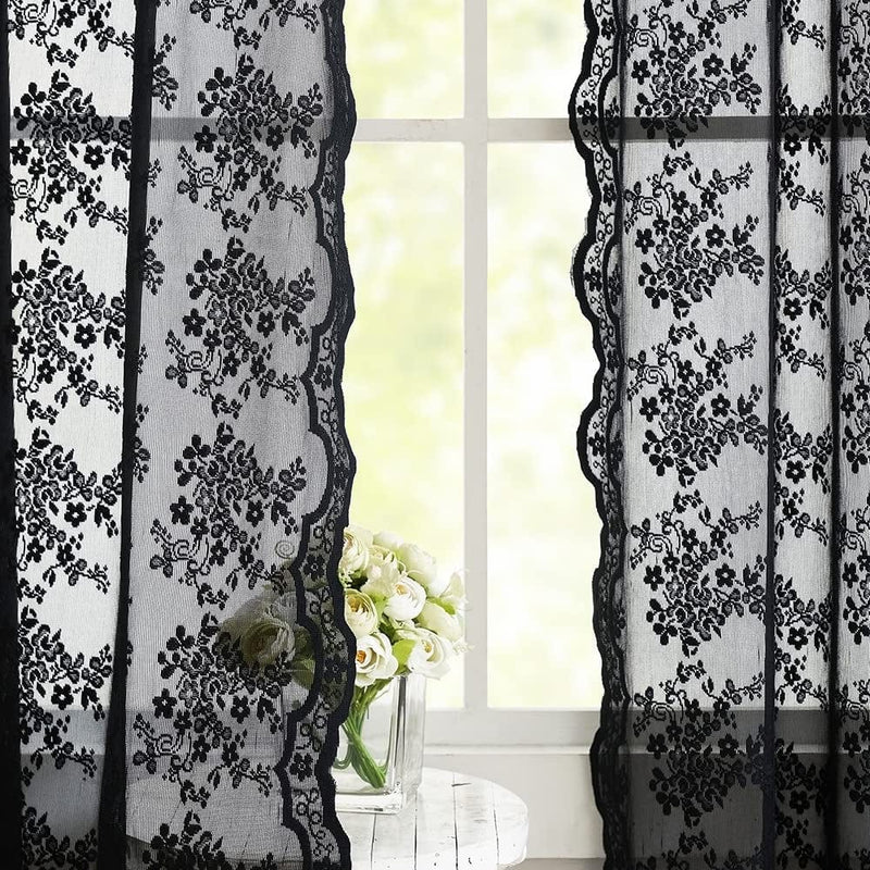 Black Sheer Curtains 84 Inches Long Old Fashion Goth Curtains for Living Room Victorian Black Lace Window Curtains for Halloween Rod Pocket 52 X 84 Inch Black Home & Garden > Decor > Window Treatments > Curtains & Drapes YJ YANJUN   