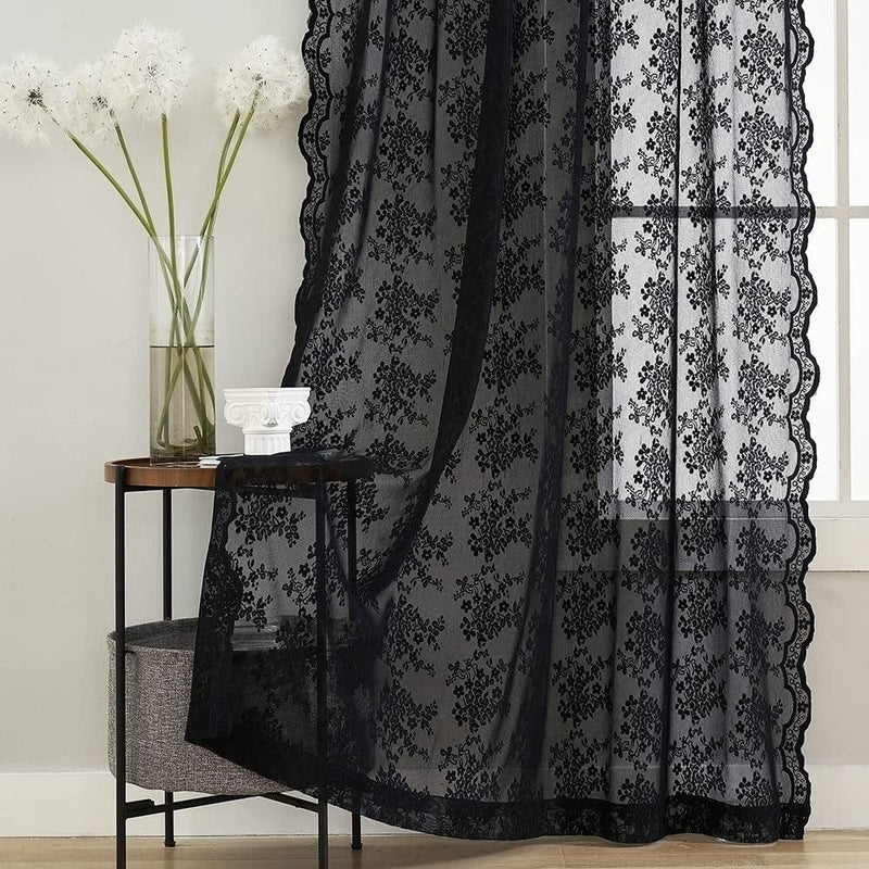 Black Sheer Curtains 84 Inches Long Old Fashion Goth Curtains for Living Room Victorian Black Lace Window Curtains for Halloween Rod Pocket 52 X 84 Inch Black Home & Garden > Decor > Window Treatments > Curtains & Drapes YJ YANJUN   
