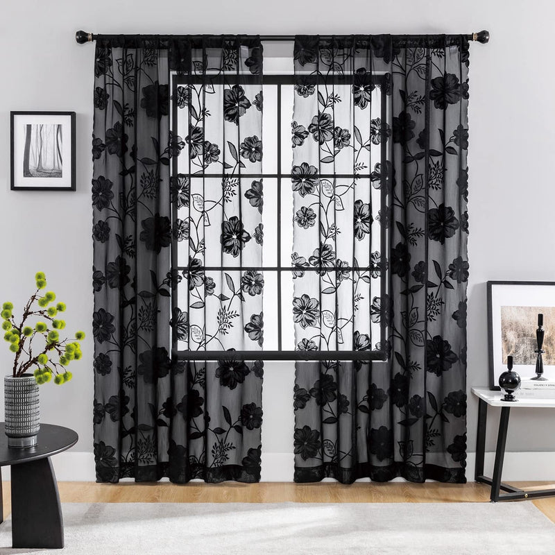 Black Sheer Lace Curtains for Bedroom Living Room Studio 84Inch Long Vintage Rose Floral Embroidered Semi Sheer Curtain Panels Privacy Leaf Sheer Drapes with Scalloped Edge 54" W 2Pcs 7Ft Home & Garden > Decor > Window Treatments > Curtains & Drapes Treatmentex Lace - Black 52" x 63" 