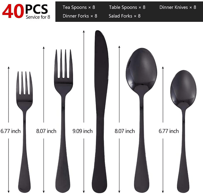 Black Silverware Flatware Set, 40-Piece Stainless Steel Cutlery Set for 8,Tableware Eating Utensil Set for Home Restaurant Party, Include Knives/Forks/Spoons, Mirror Polished, Dishwasher Safe Home & Garden > Kitchen & Dining > Tableware > Flatware > Flatware Sets CXJY   