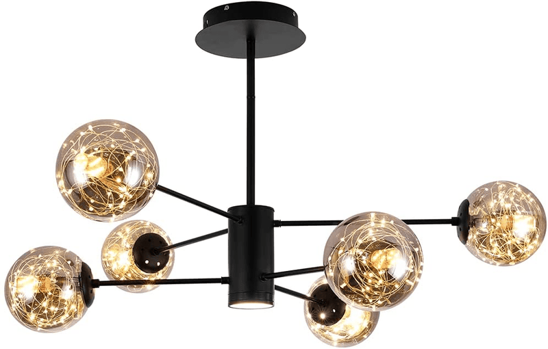 Black Sputnik Chandelier 6+1 Lights with Fairy Lights, Remote Control Modern Chandelier, Bubble Glass Globe Chandelier, Bedroom Chandelier, Sputnik Light Fixture