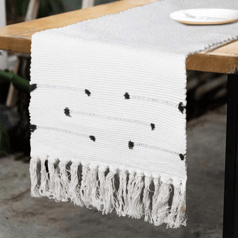 Black Table Runner 14 in x 72 in,KIMODE Farmhouse Boho Black/White Striped Table Runners Cotton Woven Fringe Dinning Table Minimalist Home Decor Home & Garden > Decor > Seasonal & Holiday Decorations KIMODE Moroccan 14 in x 102 in 