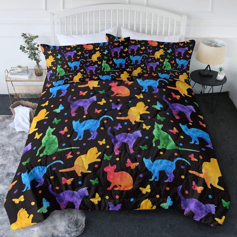 Blessliving Colorful Cat Butterfly Comforter Set with Shams 3 Pcs Cute Cat Quilt Cover Bedding Set Watercolor Blue Green Purple Paint Black Bedspread (King) Home & Garden > Linens & Bedding > Bedding > Quilts & Comforters BlessLiving 5 King 