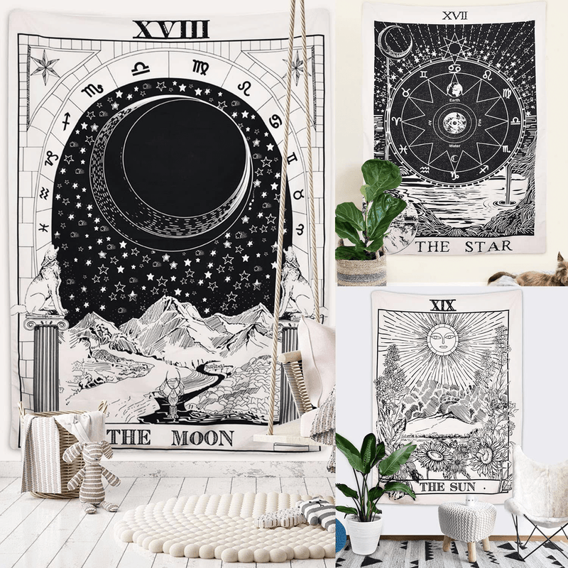 BLEUM CADE Tarot Tapestry The Moon The Star The Sun Tapestry Medieval Europe Divination Tapestry Wall Hanging Tapestries Mysterious Wall Tapestry for Home Decor (Pack of 3, 51×59 Inches)