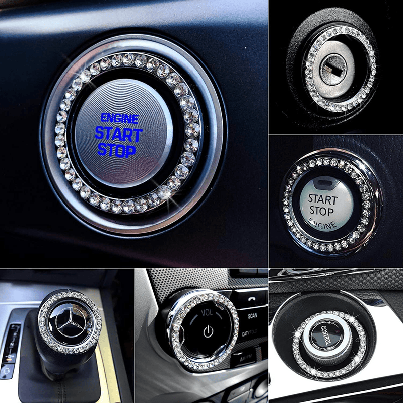 Bling Car Decor Crystal Rhinestone Car Bling Ring Emblem Sticker, Bling Car Accessories for Women, Push to Start Button, Key Ignition Starter & Knob Ring, Interior Glam Car Decor Accessory (Silver)  Bling Car Decor   