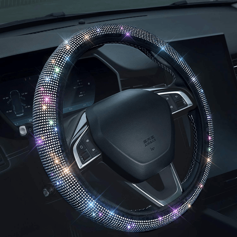 Bling Rhinestones Steering Wheel Cover with Crystal Diamond Sparkling Car SUV Breathable Anti-Slip Steering Wheel Protector (Fit 14.2"-15.3" Inch) Vehicles & Parts > Vehicle Parts & Accessories > Vehicle Maintenance, Care & Decor > Vehicle Decor > Vehicle Steering Wheel Covers KIWEN colorful  