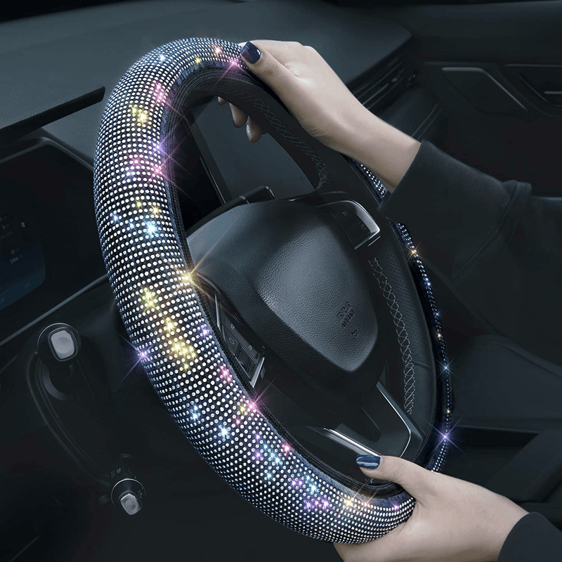 Bling Rhinestones Steering Wheel Cover with Crystal Diamond Sparkling Car SUV Breathable Anti-Slip Steering Wheel Protector (Fit 14.2"-15.3" Inch) Vehicles & Parts > Vehicle Parts & Accessories > Vehicle Maintenance, Care & Decor > Vehicle Decor > Vehicle Steering Wheel Covers KIWEN   