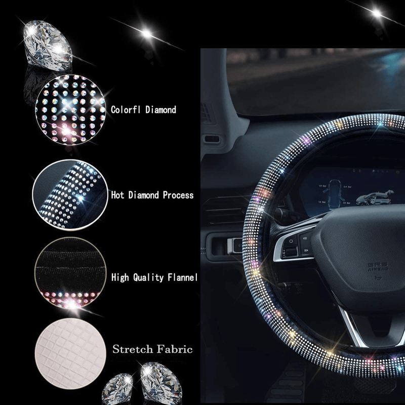 Bling Rhinestones Steering Wheel Cover with Crystal Diamond Sparkling Car SUV Breathable Anti-Slip Steering Wheel Protector (Fit 14.2"-15.3" Inch) Vehicles & Parts > Vehicle Parts & Accessories > Vehicle Maintenance, Care & Decor > Vehicle Decor > Vehicle Steering Wheel Covers KIWEN   