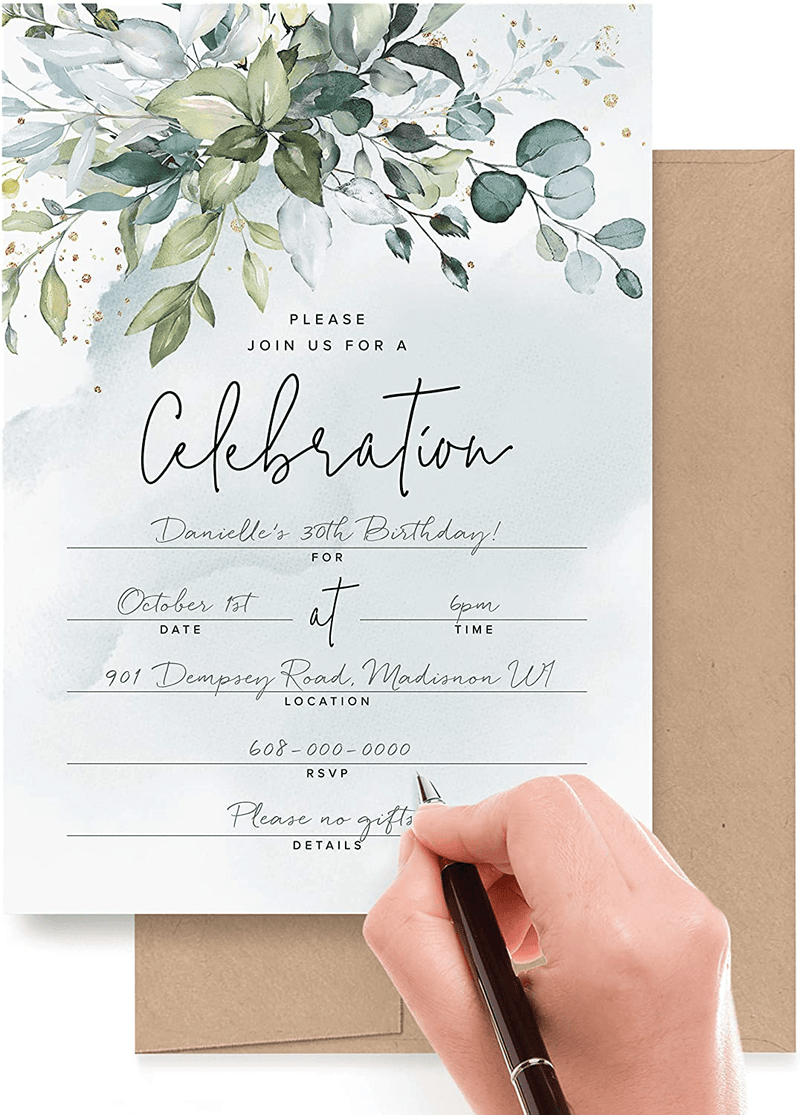 Bliss Collections 25 Invitations with Envelopes for All Occasions, Greenery Watercolors Invites Perfect for: Weddings, Bridal Showers, Engagement, Birthday Party or Special Event, Blank Fill in Design