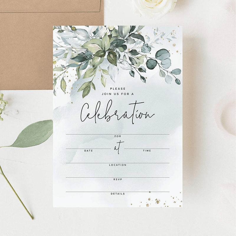 Bliss Collections 25 Invitations with Envelopes for All Occasions, Greenery Watercolors Invites Perfect for: Weddings, Bridal Showers, Engagement, Birthday Party or Special Event, Blank Fill in Design