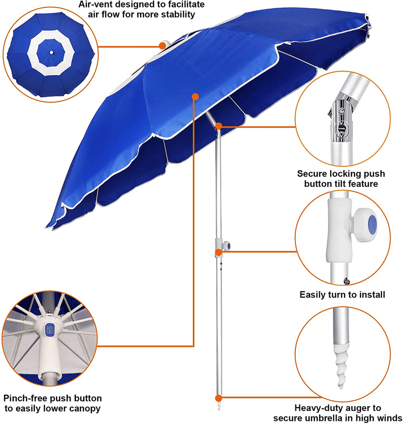 Blissun 7' Portable Beach Umbrella with Sand Anchor, Tilt Pole, Adjustable Height, Carry Bag, Air Vent, Portable Sun Shelter for Beach Patio Garden Outdoor, Blue