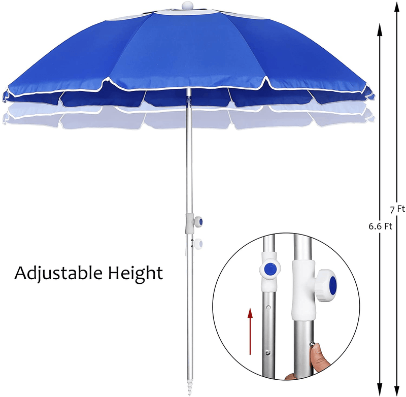 Blissun 7' Portable Beach Umbrella with Sand Anchor, Tilt Pole, Adjustable Height, Carry Bag, Air Vent, Portable Sun Shelter for Beach Patio Garden Outdoor, Blue