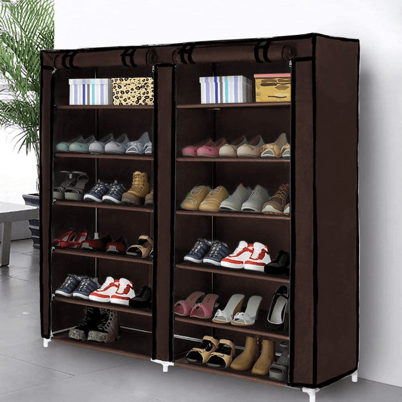 Blissun 7 Tier Shoe Rack Storage Organizer, 36 Pairs Portable Double Row Shoe Rack Shelf Cabinet Tower for Closet with Nonwoven Fabric Cover, Brown Furniture > Cabinets & Storage > Armoires & Wardrobes Blissun Brown  